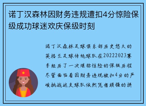 诺丁汉森林因财务违规遭扣4分惊险保级成功球迷欢庆保级时刻